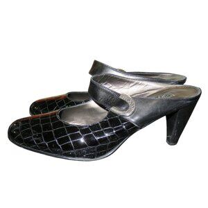 Brighton Beau Croc Embossed Black Italian Leather Kitten Heeled Mules Size 9